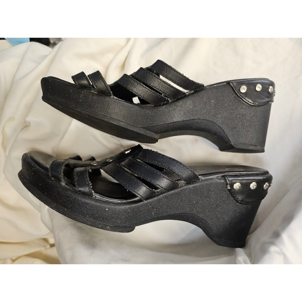 Harley-Davidson Womens Black Leather Strappy Platform Wedge Slide Sandals 7.5